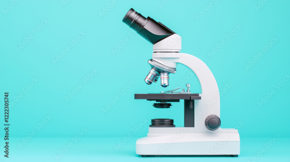 clean microscope on vibrant turquoise background, showcasing its sleek design and functionality. Perfect for scientific exploration and education clean microscope on vibrant turquoise background, showcasing its sleek design and functionality. Perfect for scientific exploration and education