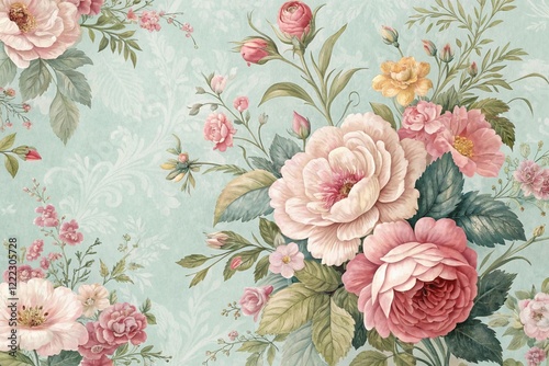 beautiful fantasy vintage wallpaper botanical flower bunch,vintage motif for floral print digital background.generative ai.