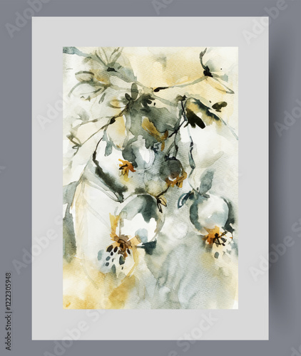 Tree branches with small fruits symbolize fertility and plant growing on print. Watercolor poster. Artwork with organic fruits on tree in clear summer weather, in frame with decor for wall art