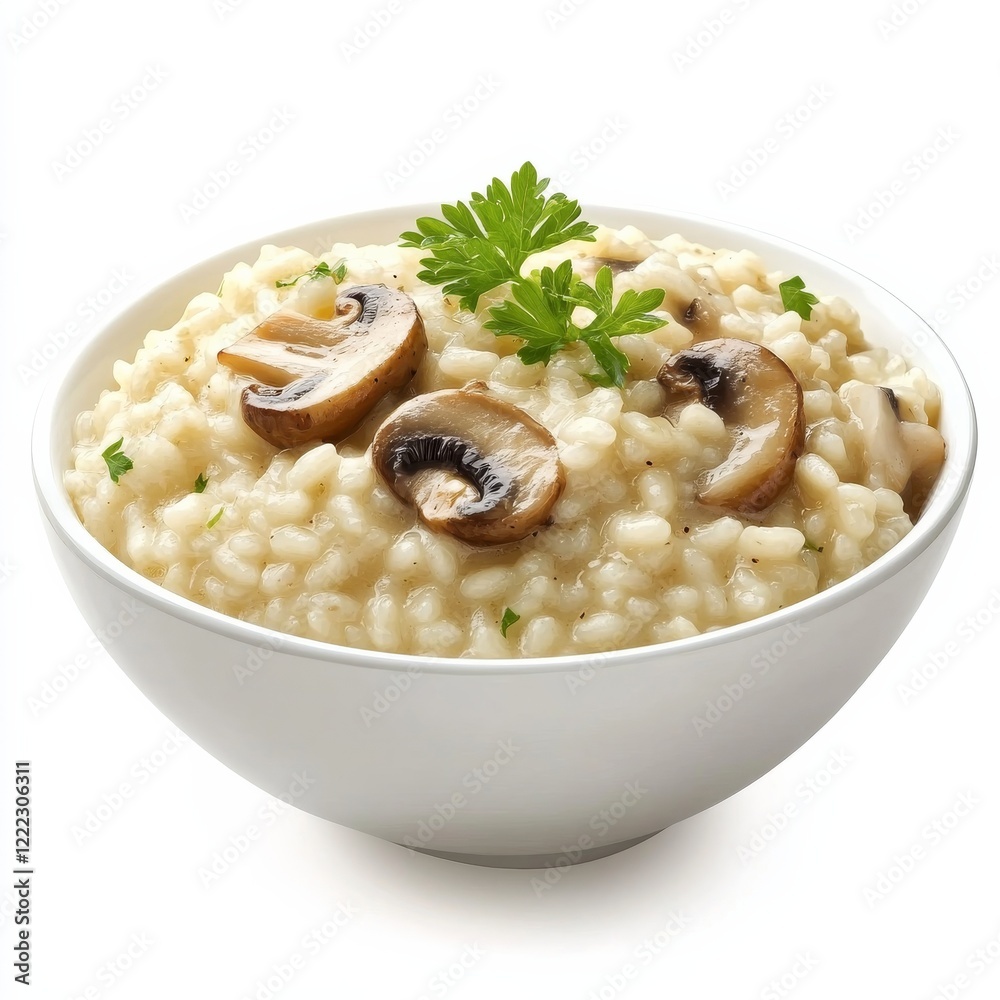 A bowl of creamy mushroom risotto with truffle oil, isolated white background, surrealism art style