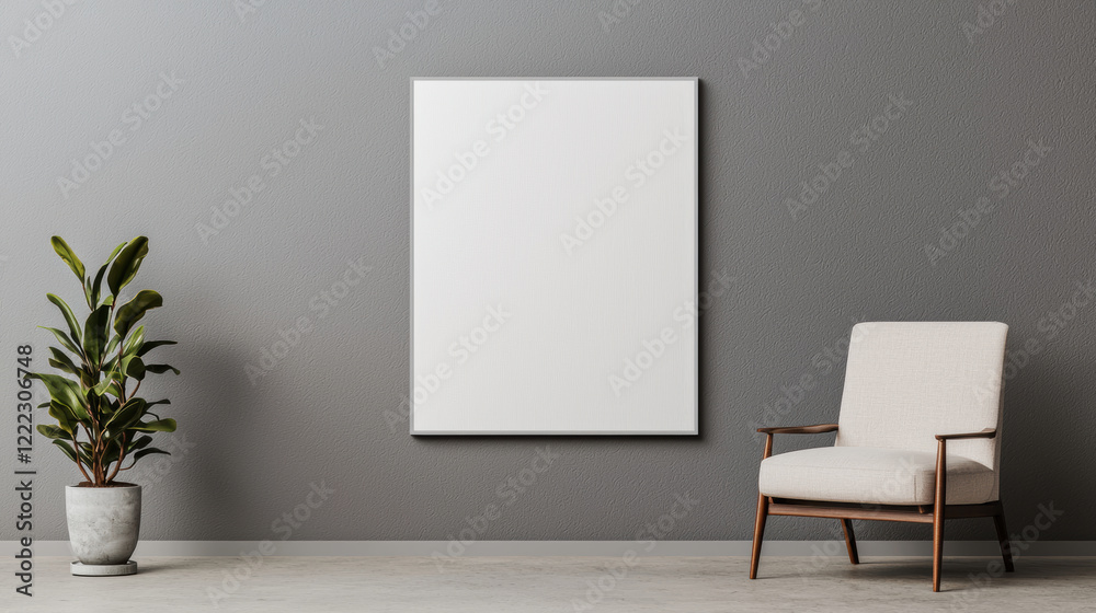 blank canvas poster mockup displayed on wall beside modern chair and potted plant, creating minimalist and stylish interior design blank canvas poster mockup displayed on wall beside modern chair and potted plant, creating minimalist and stylish interior design