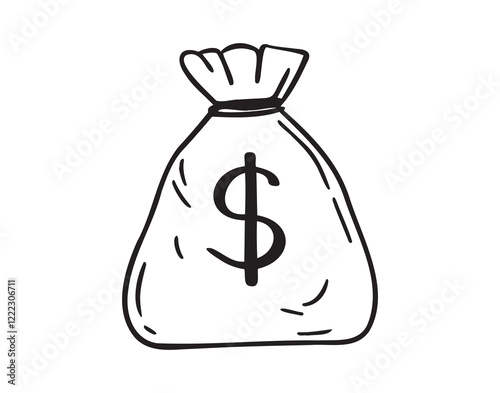 Premium money bag with dollars doodle hand drawn icon. Outline drawing money bag with dollars line clipart symbol
