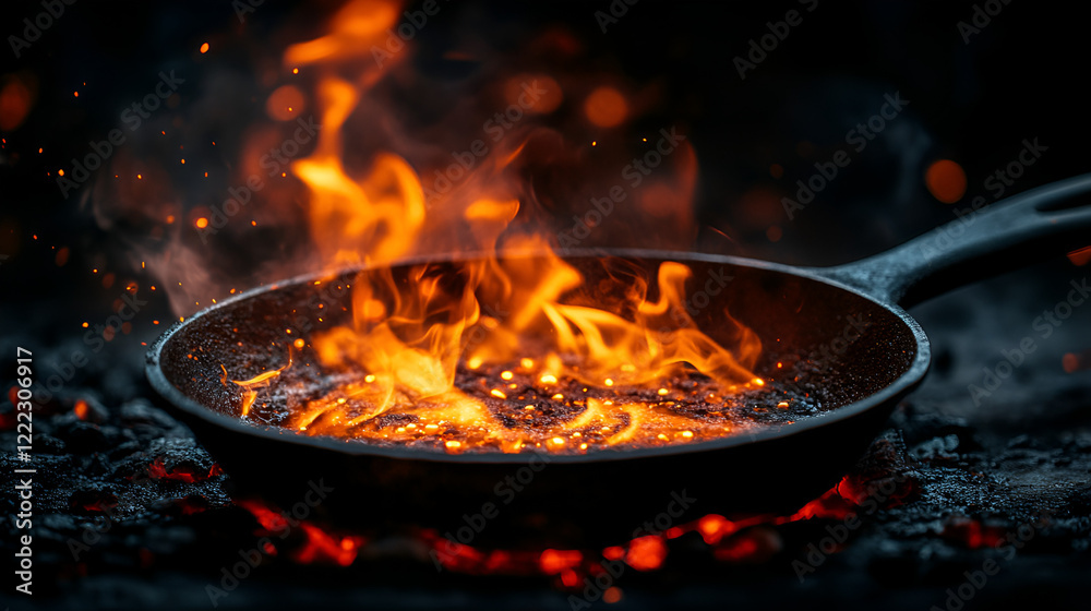 Flaming skillet, fiery cooking, outdoor campfire, cast iron pan, vibrant orange flames Flaming skillet, fiery cooking, outdoor campfire, cast iron pan, vibrant orange flames