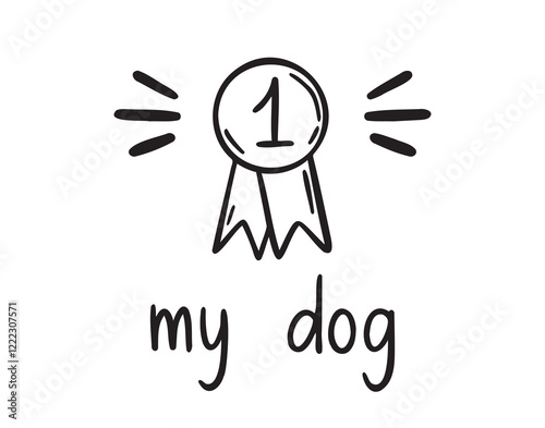 Dog award or medal for dog t as pets exhibition winner concept. medal for dog doodle hand drawn icon. Outline drawing dog winner line clipart symbol