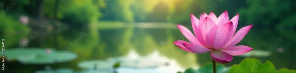 Pink lotus flower blooming in the foreground of a peaceful lake, natural scenery, lakes Pink lotus flower blooming in the foreground of a peaceful lake, natural scenery, lakes