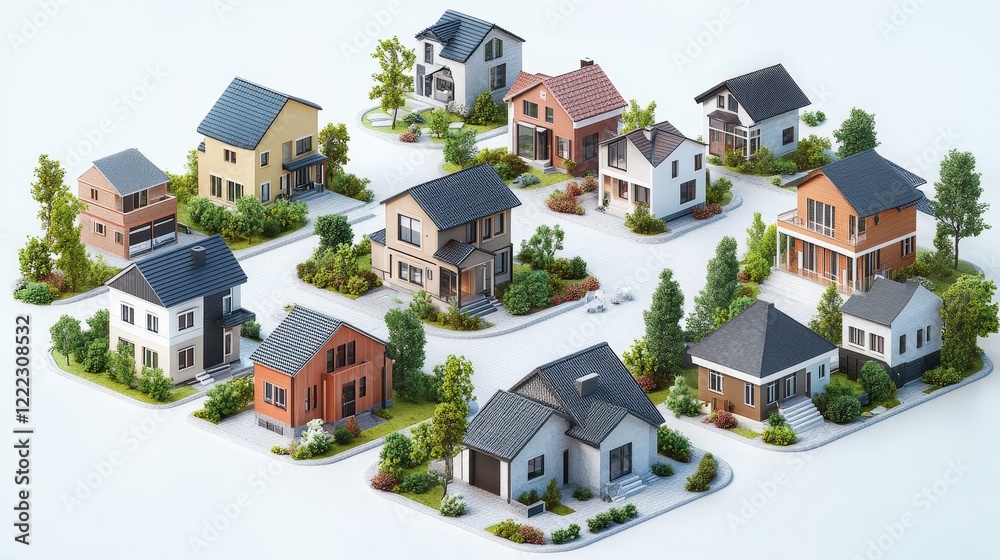 Row of residential houses surrounded by green trees and bushes in a suburban neighborhood Row of residential houses surrounded by green trees and bushes in a suburban neighborhood