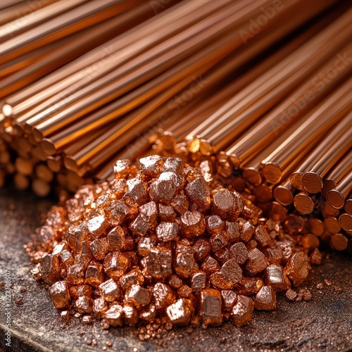 Copper wires and products displayed with raw copper ore