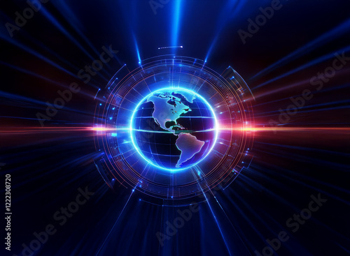 Wallpaper Mural A glowing Earth encircled by a futuristic digital interface, radiating energy and light beams.  The vibrant blue and red hues suggest technological advancement and global connectivity. Torontodigital.ca