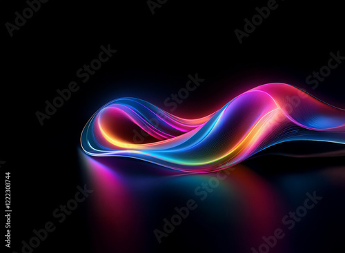 Vibrant, neon-colored waves flow and reflect on a dark surface, creating an abstract, dynamic design.  The smooth curves and glowing light evoke a sense of energy and movement.