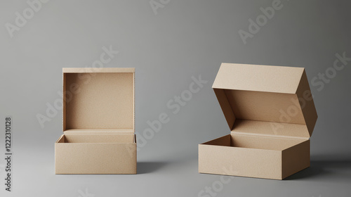 Brown cardboard box mockups set isolated on grey background. Vector realistic illustration of open and closed 3d carton packages for shoes, mail delivery, gift parcel packaging with blank surface