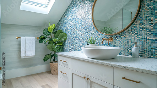 modern white bathroom with blue mosaic tiles and skylight
