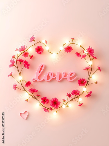 wreath of flowers on a light background, the word love 