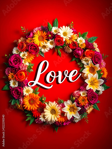 wreath of flowers on a light background, the word love 