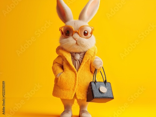 bunny in a yellow coat and small handbag against a bright yellow background