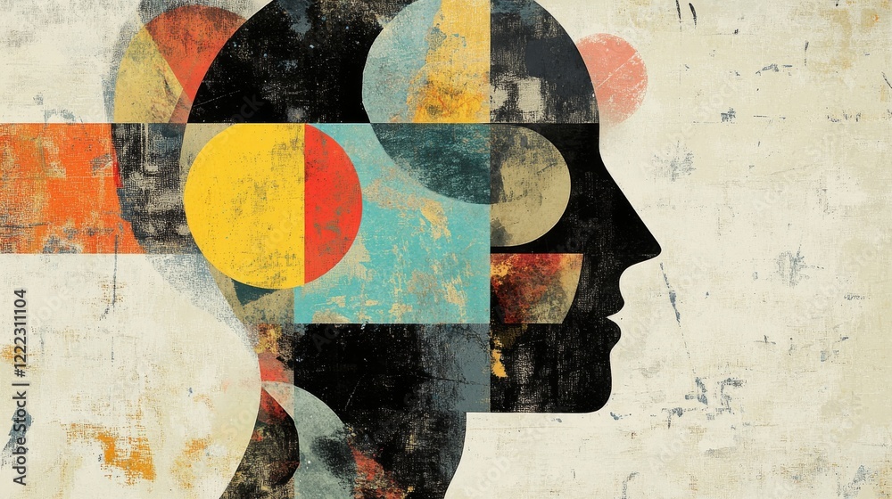 Fototapeta premium Minimalistic head illustration with abstract shapes representing the subconscious mind