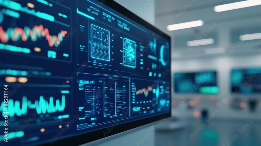 Fototapeta premium High-tech Digital Dashboard Displaying Analytical Data and Business Metrics in Modern Office Environment