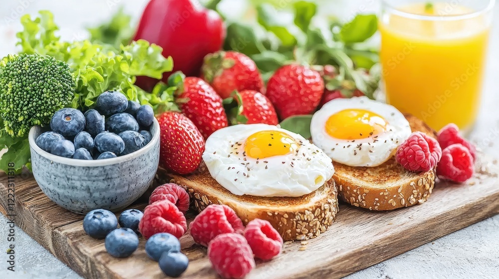 Fresh and Colorful Breakfast with Eggs, Berries, Greens, and Juice on a Wooden Serving Board Fresh and Colorful Breakfast with Eggs, Berries, Greens, and Juice on a Wooden Serving Board