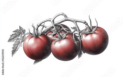 A monochrome vector illustration of tomatoes clustered on vines with detailed, twisting tendrils and leaves, drawn in a vintage wood engraving style using pen and ink
