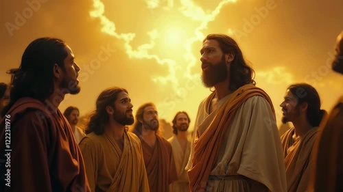 Resurrected Jesus and the disciples looking at him with reverence. Bible stories. Easter resurrection holiday.