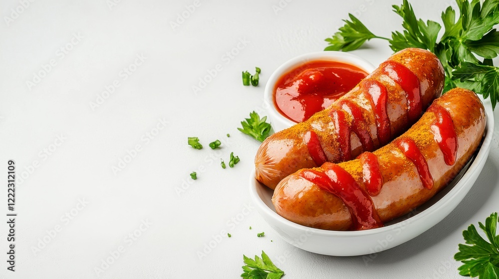 Juicy Grilled Sausages with Ketchup and Fresh Parsley Garnish Juicy Grilled Sausages with Ketchup and Fresh Parsley Garnish