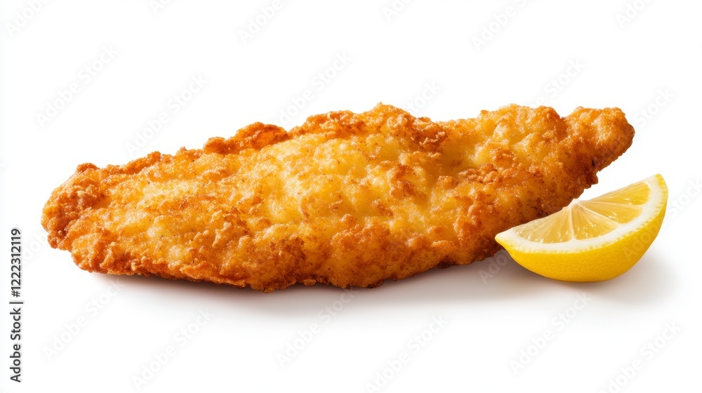 Crispy Fried Fish Fillet with Lemon Slice on White Background Crispy Fried Fish Fillet with Lemon Slice on White Background