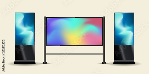 Three different styles of Large LED Screen Mock up with black realistic stand for outdoor and indoor street LED screen Mock up vector design. The TV LED monitor.