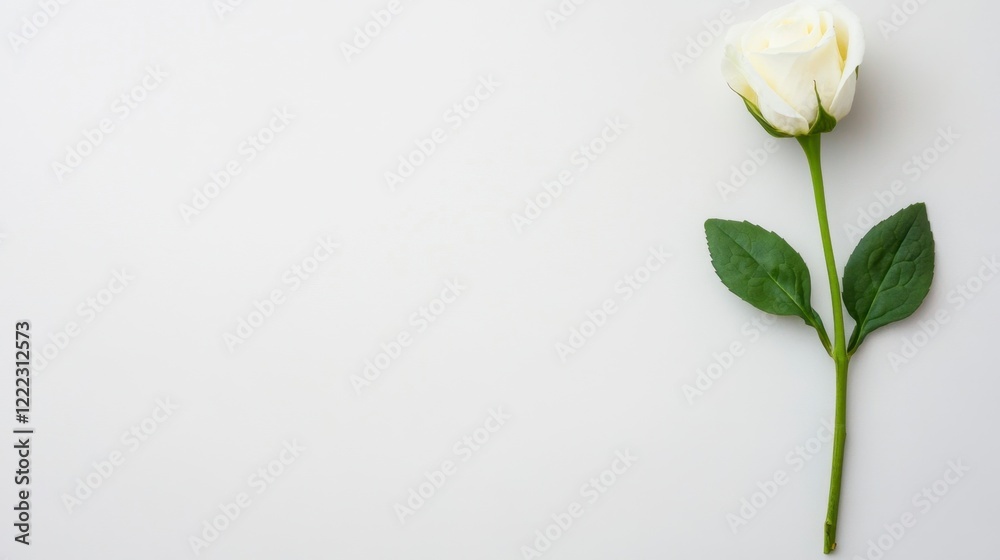 Elegant White Rose with Green Leaves on Soft Background Elegant White Rose with Green Leaves on Soft Background