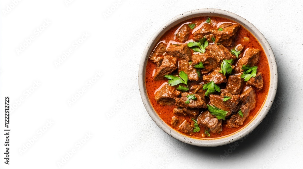 Savory Beef Stew with Fresh Parsley in a Bowl on a White Background Savory Beef Stew with Fresh Parsley in a Bowl on a White Background