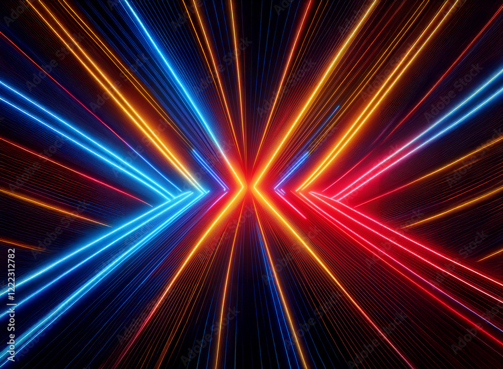Vibrant neon lines converge in a dynamic, symmetrical pattern, creating an abstract, energetic visual. The colors are bold and create a sense of movement and depth. Vibrant neon lines converge in a dynamic, symmetrical pattern, creating an abstract, energetic visual. The colors are bold and create a sense of movement and depth.