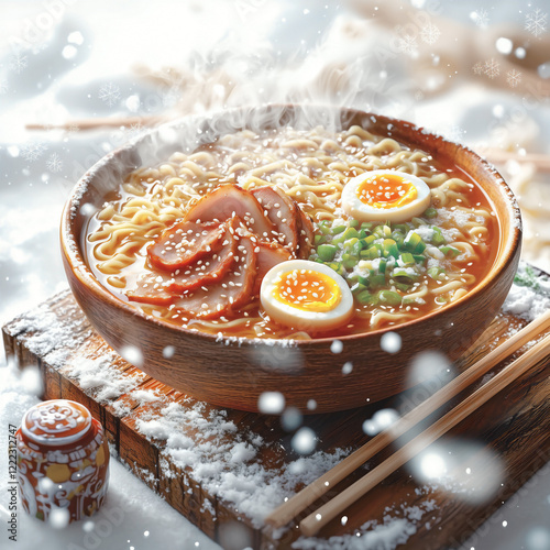 3D isometric scene in a winter atmosphere. A rustic wooden table holds a large, steaming bowl of ramen filled with noodles, soft-boiled egg, sliced pork, green onions, and a sprinkle of sesame seeds photo