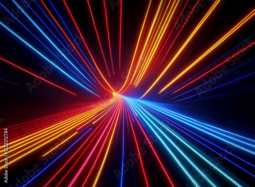 Vibrant, multicolored neon lines converge and diverge, creating a dynamic, swirling tunnel effect against a black background.  The image evokes feelings of speed, energy, and movement.