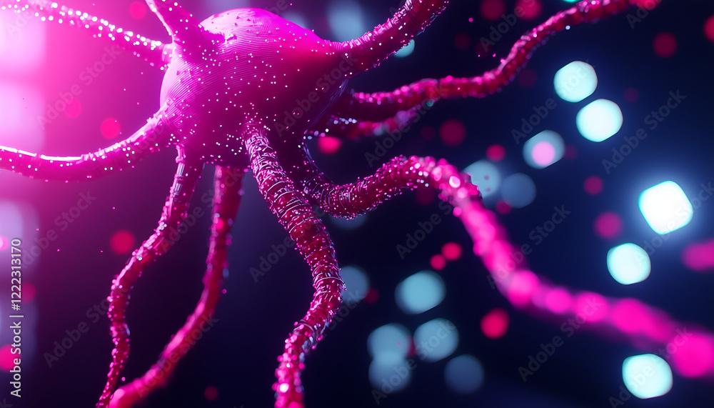 A vibrant, stylized depiction of a neuron, showcasing pink and purple hues against a dark background with glowing orbs. A vibrant, stylized depiction of a neuron, showcasing pink and purple hues against a dark background with glowing orbs.