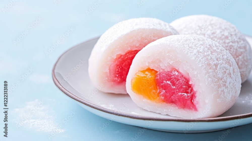 Sweet Japanese Mochi Dessert with Colorful Filling on Plate Sweet Japanese Mochi Dessert with Colorful Filling on Plate