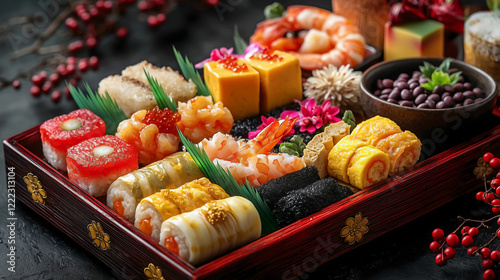 A beautifully arranged Japanese New Year celebration featuring traditional osechi-ryori foods displayed on a lacquered wooden tray, with elegant red and gold details. photo