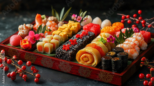 A beautifully arranged Japanese New Year celebration featuring traditional osechi-ryori foods displayed on a lacquered wooden tray, with elegant red and gold details. photo