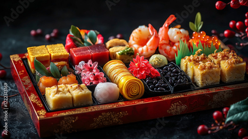 A beautifully arranged Japanese New Year celebration featuring traditional osechi-ryori foods displayed on a lacquered wooden tray, with elegant red and gold details. photo