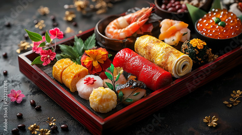 A beautifully arranged Japanese New Year celebration featuring traditional osechi-ryori foods displayed on a lacquered wooden tray, with elegant red and gold details. photo