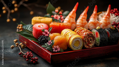 A beautifully arranged Japanese New Year celebration featuring traditional osechi-ryori foods displayed on a lacquered wooden tray, with elegant red and gold details. photo