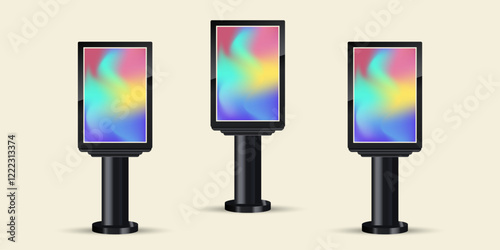 Three big Outdoor LED Screens Mock up with black realistic stand used in three display of outdoor-indoor street LED screens Mock up vector design. The TV LED.