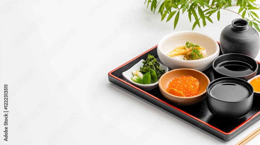 Elegant Japanese Cuisine Arrangement on a Wooden Tray with Sauces Elegant Japanese Cuisine Arrangement on a Wooden Tray with Sauces