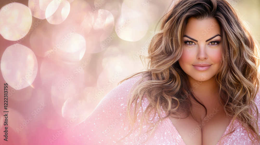 A close-up of a woman with voluminous wavy hair, soft pink outfit A close-up of a woman with voluminous wavy hair, soft pink outfit
