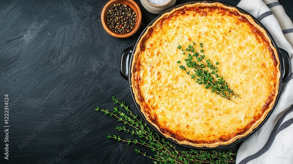 Delicious homemade cheesy casserole with fresh herbs and spices on a dark background Delicious homemade cheesy casserole with fresh herbs and spices on a dark background