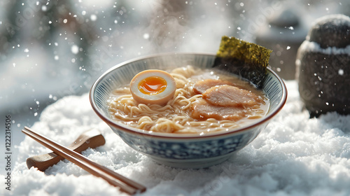 An outdoor winter scene featuring a snow-covered table holding a bowl of hot ramen with chashu, nori, and half a soft-boiled egg. photo