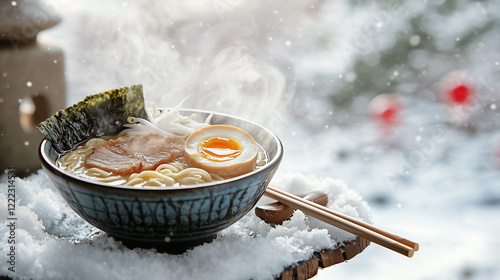 An outdoor winter scene featuring a snow-covered table holding a bowl of hot ramen with chashu, nori, and half a soft-boiled egg. photo