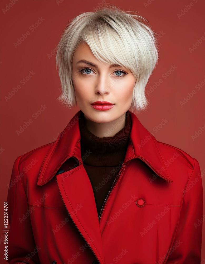 a blonde woman with short hair wearing a red coat on a red background, fashion photography, fall winter collection a blonde woman with short hair wearing a red coat on a red background, fashion photography, fall winter collection