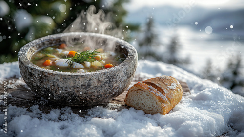 An outdoor winter scene in Norway, featuring a snow-covered wooden table with a rustic stone bowl of fish soup.  with local ingredients like cod, root vegetables, and dill photo