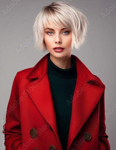 a blonde woman with short hair wearing a red coat on a grey background, fashion photography, fall winter collection