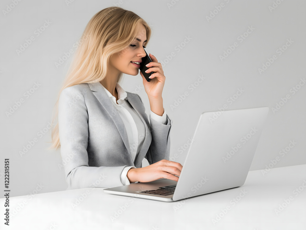Blonde professional woman in a suit multitasking with a laptop and phone, clean and modern work setting.
Blonde professional woman in a suit multitasking with a laptop and phone, clean and modern work setting.