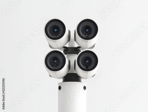 Four white security cameras mounted on a pole against a white background. photo