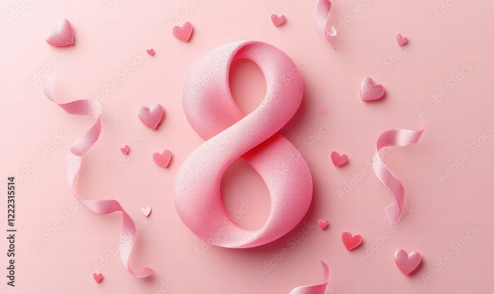 3D pink ribbon in the shape of the number 8 with hearts on a light background, Women's Day sale banner template with the text special offer and shop now.